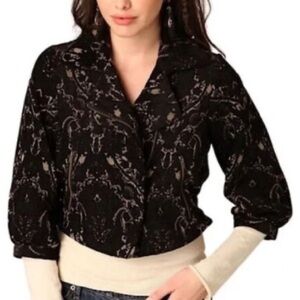 Free People 3/4 Sleeve Zip Front Jacket. Black and Gold Jacquard Tapestry Print